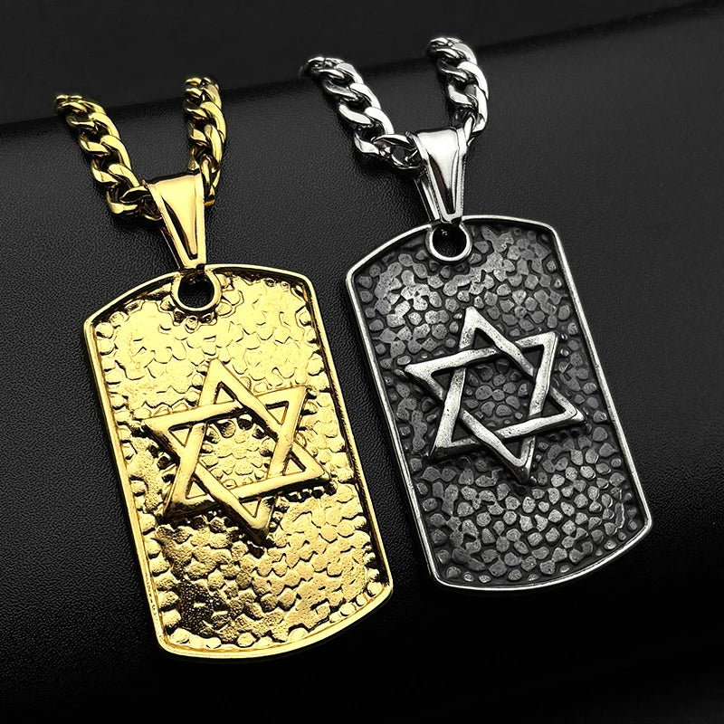 Hebrew Star of David Dog Tag Pendant Necklace for Women Men Stainless Steel Gold Silver Color Jewish Hip Hop Chain