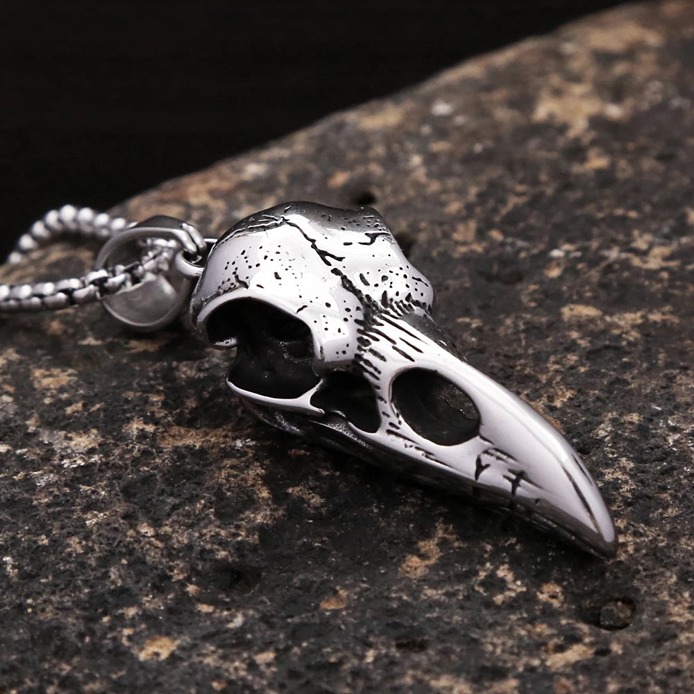 Vintage Nordic Odin Crow Skull Pendant Necklace for Men Stainless Steel Raven Skull Necklaces Pagan Amulet Jewelry