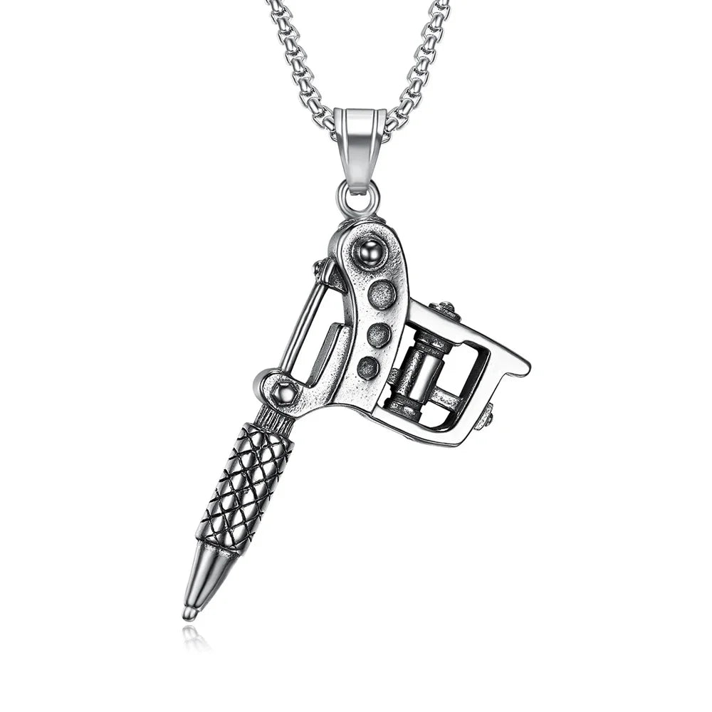 Vintage Stainless Steel Tattoo Machine Tool Pendant Necklace For Men Women Punk Hip Hop Tattoo Artist Gifts Jewelry