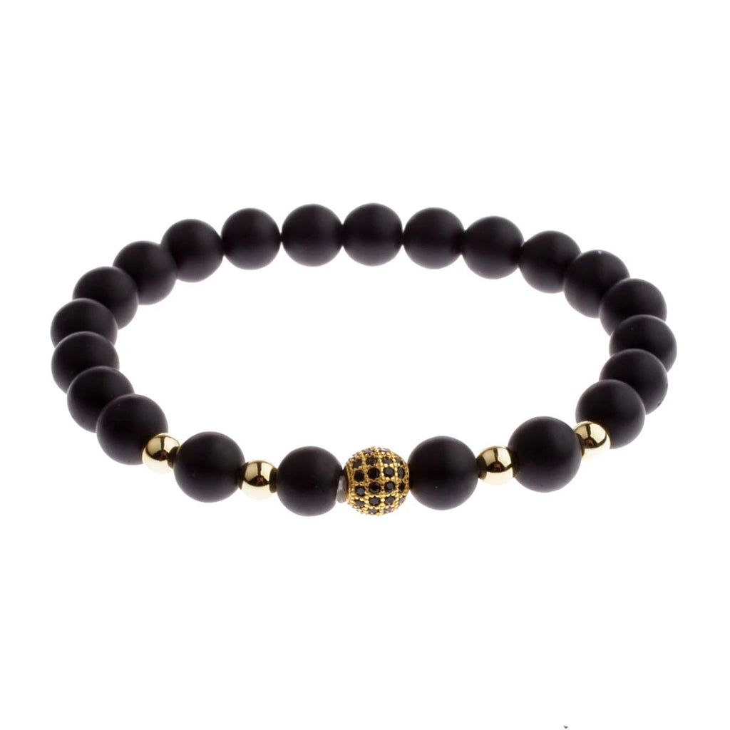 Black CZ Pave Ball Beaded Bracelet for Men — Adjustable Weave