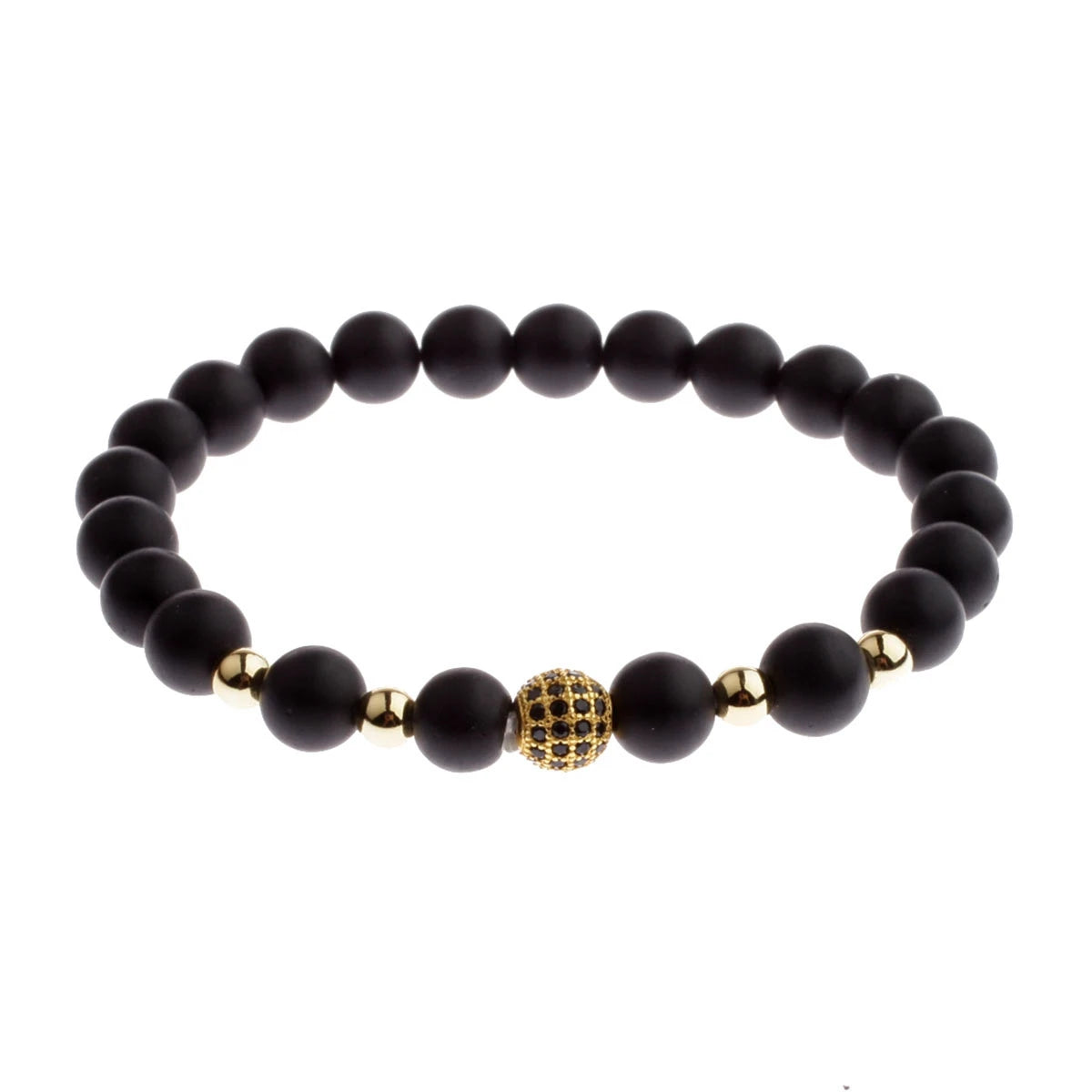 Black CZ Pave Ball Beaded Bracelet for Men — Adjustable Weave