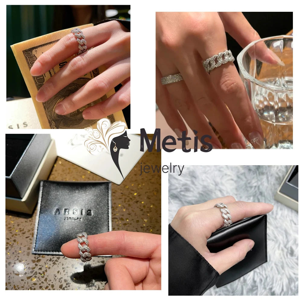 Hip Hop Cuban Link Ring Bling Iced Out 2 Row Full Moissanite Ring Hip Hop Engagement Band Ring 925 Sterling Silver for Women Men