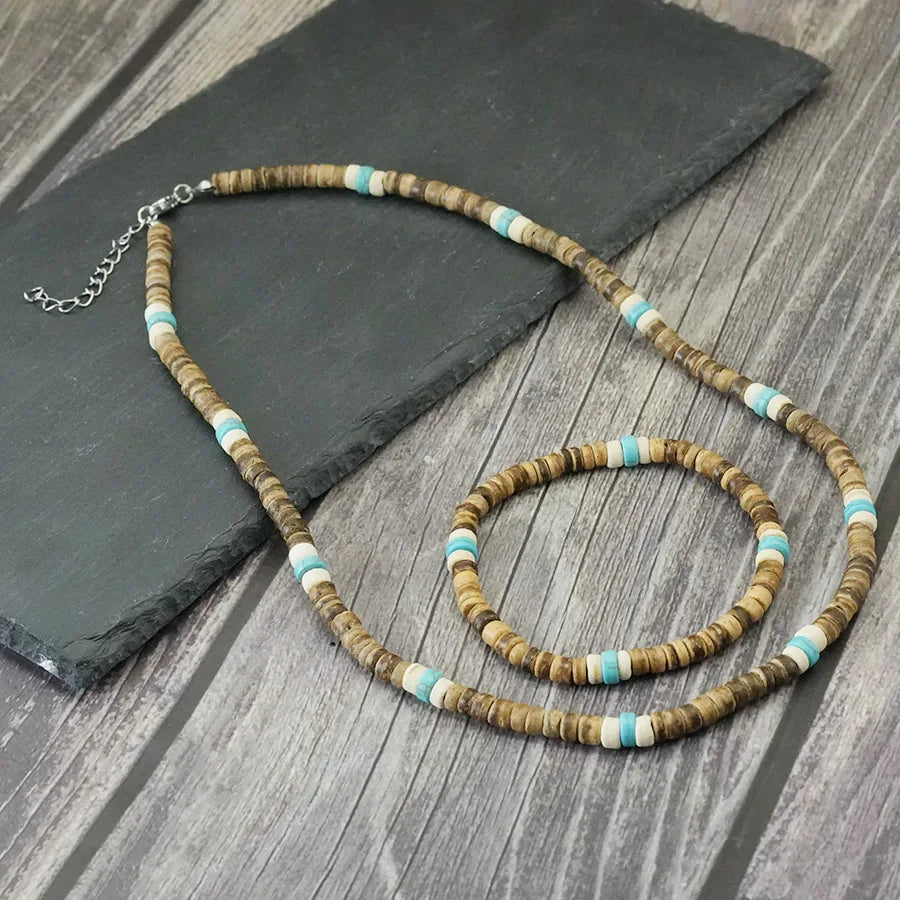 Coconut Wood Necklace Bracelet Set — Stainless Steel