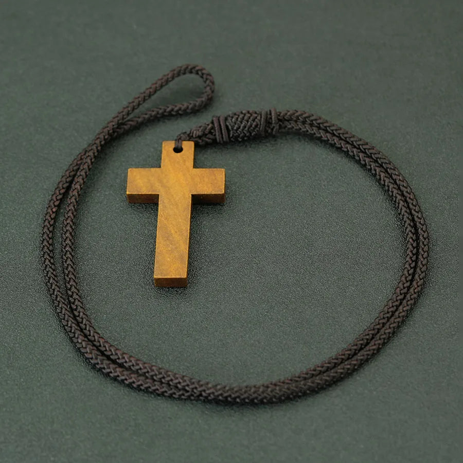 Retro Wooden Cross Pendant Necklace 24" Rope Cord