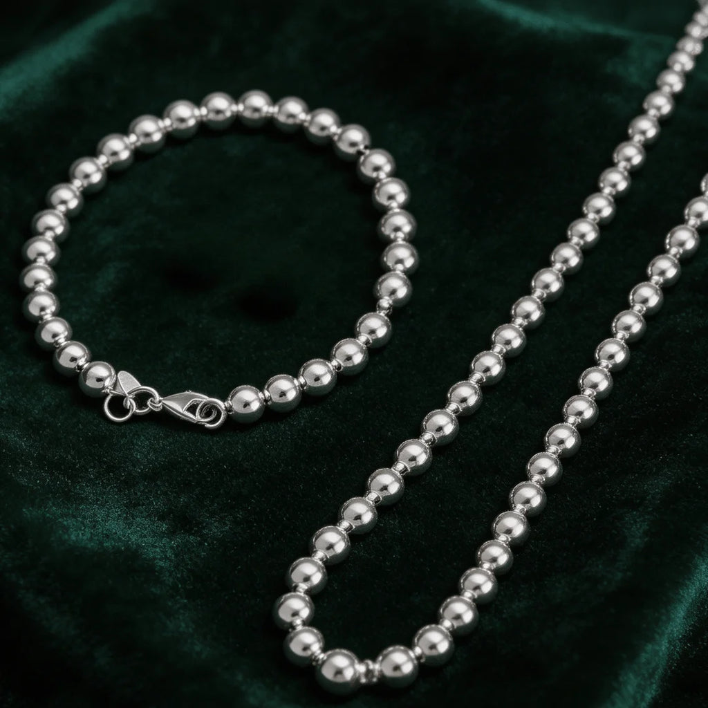 Hollow Beads Necklace & Bracelet Set 6mm — Silver-Tone Classic