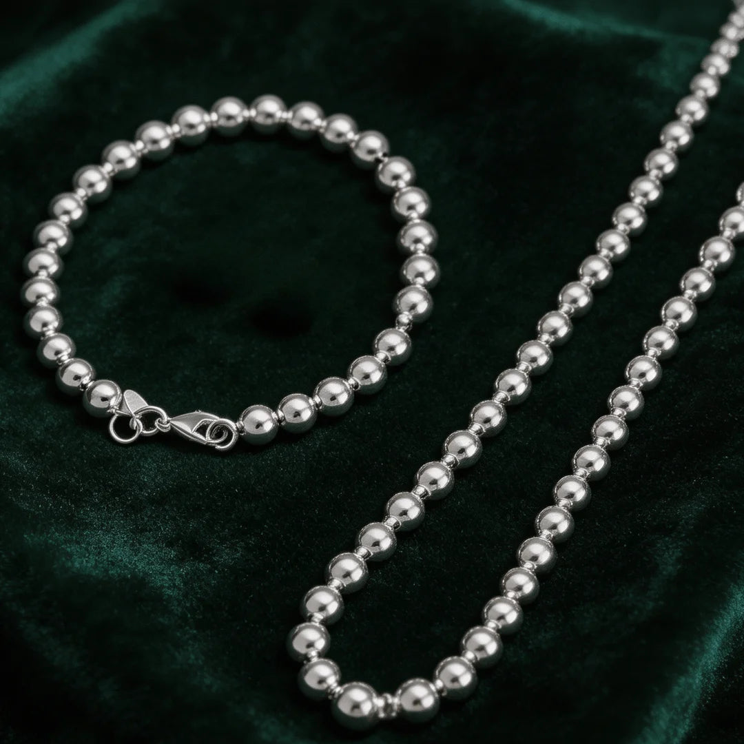 Hollow Beads Necklace & Bracelet Set 6mm — Silver-Tone Classic