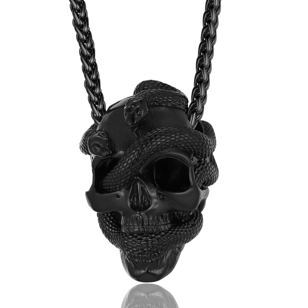 Snake Skull Pendant Necklace — Black Stainless 22"
