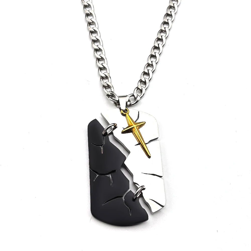 Hip Hop Two-tone Split Cracked Dog Tag Movable Starburst Cross Pendant Necklace for Men Stainless Steel Amulet Chain Jewery