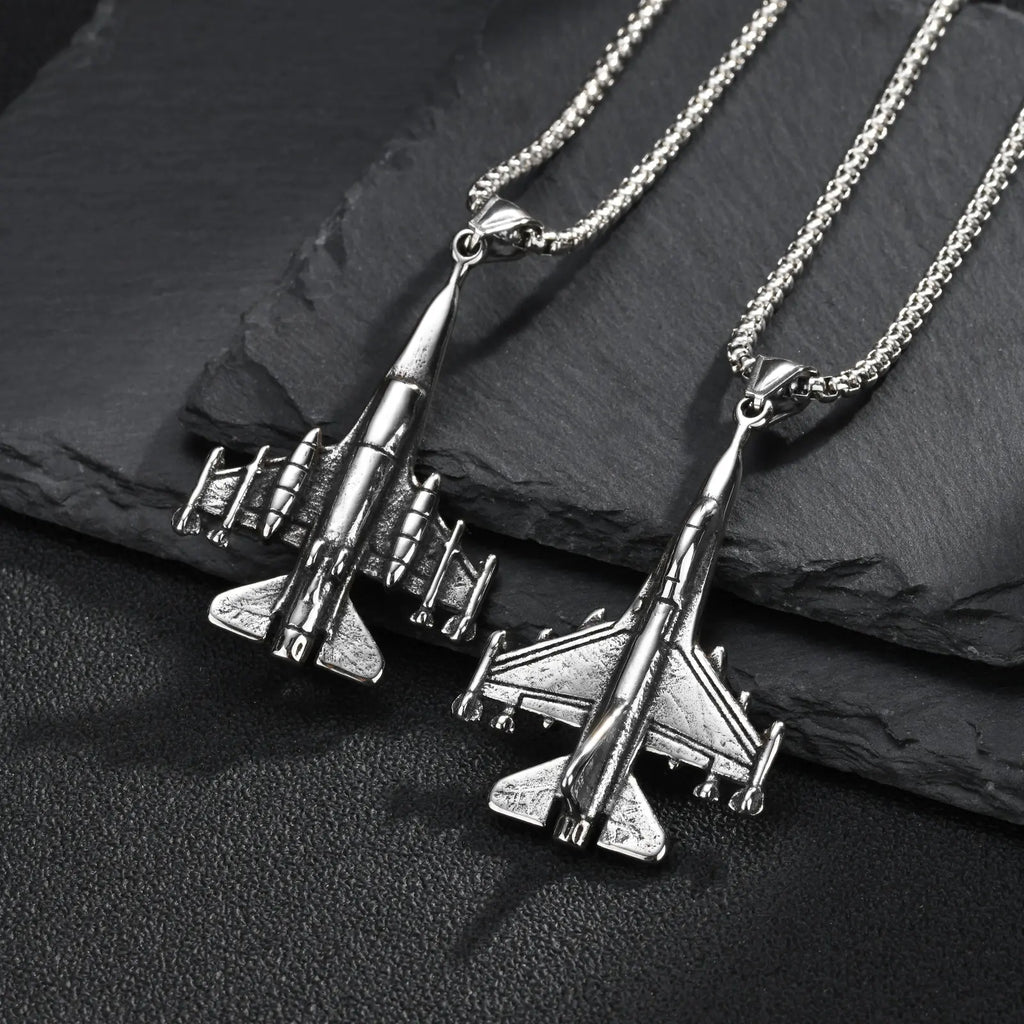 Men Stainless Steel Fighter Jet Pendant Necklace Silver Color Airplane Chain Punk Hip Hop Aviation Enthusiast Jewelry Gift