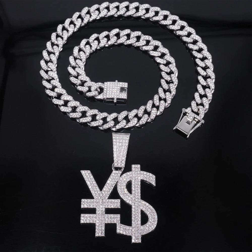 Hip Hop Exaggerated Dollar Sign Pendant,with 13mm Cuban Chain Currency Symbol Pendant Necklace for Men Rapper Charm