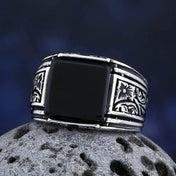 Fashion 2024 New 316L Stainless Steel Polished Pattern Ring Black Zircon Vintage  Jewelry For Couple Gift Good Detail
