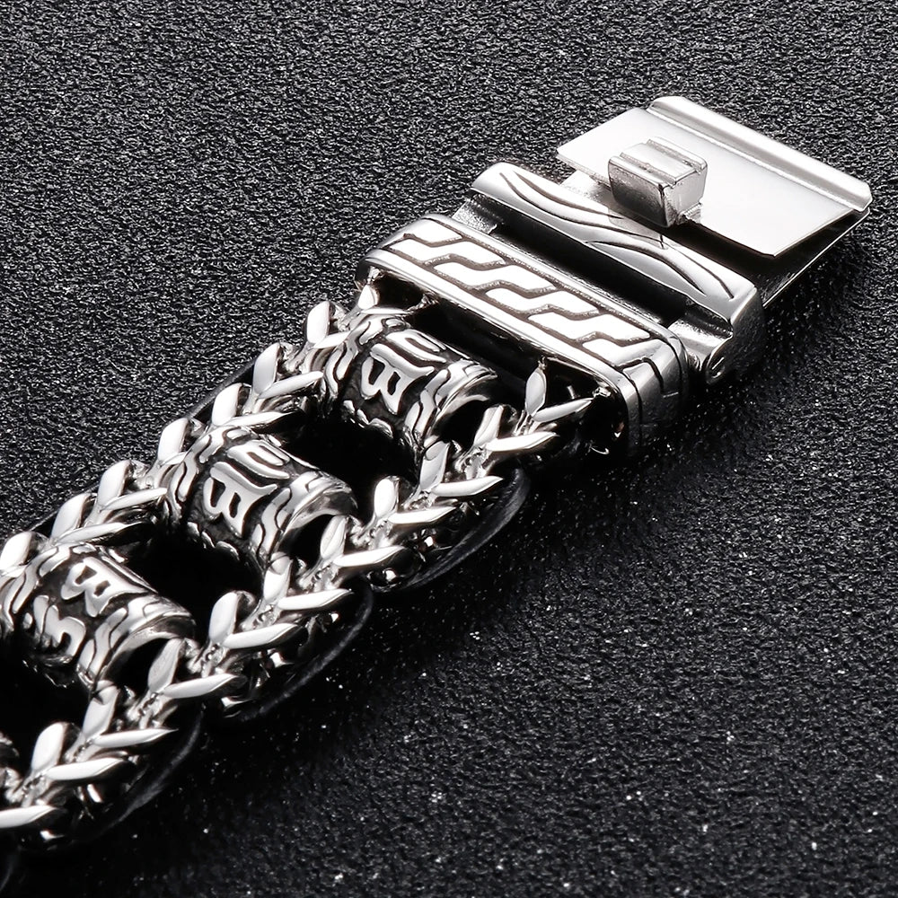Religious Man Bracelet Stainless Steel 22MM Width Buddhist Scriptures Link Men's Bracelets Leather Wristband On Hand