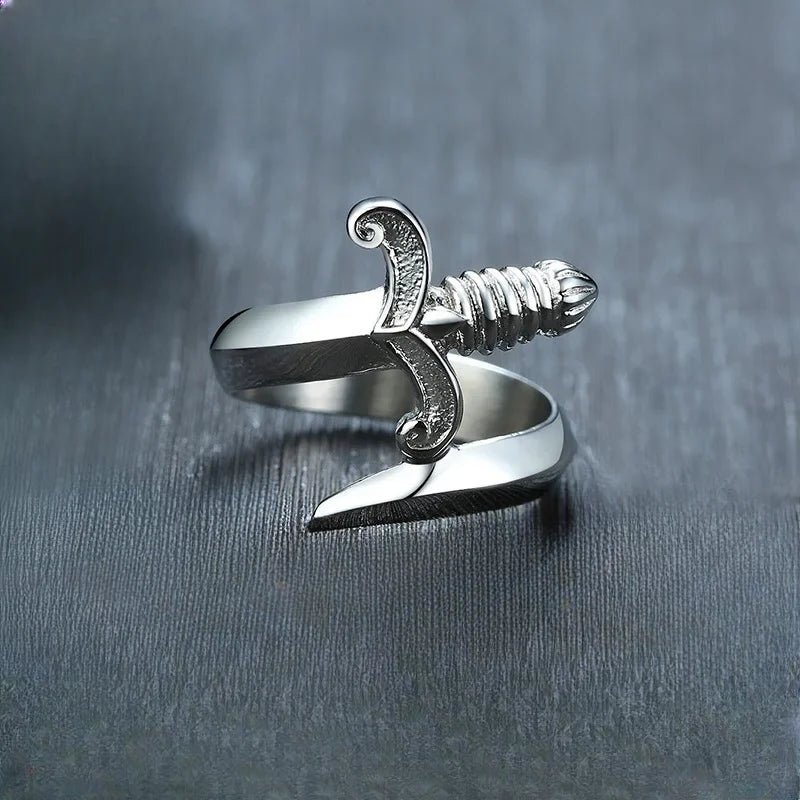 Punk Neo Gothic Design Dagger Ring for Men and Women Creative Silver Color Curved Sword Ring Opening Adjustable Size