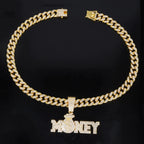 New Iced Out Bling Rhinestone Letters Money Pendant Necklaces,With Cuban Chain Money Bag Dollar Sign Men's Women Hip Hop Jewelry