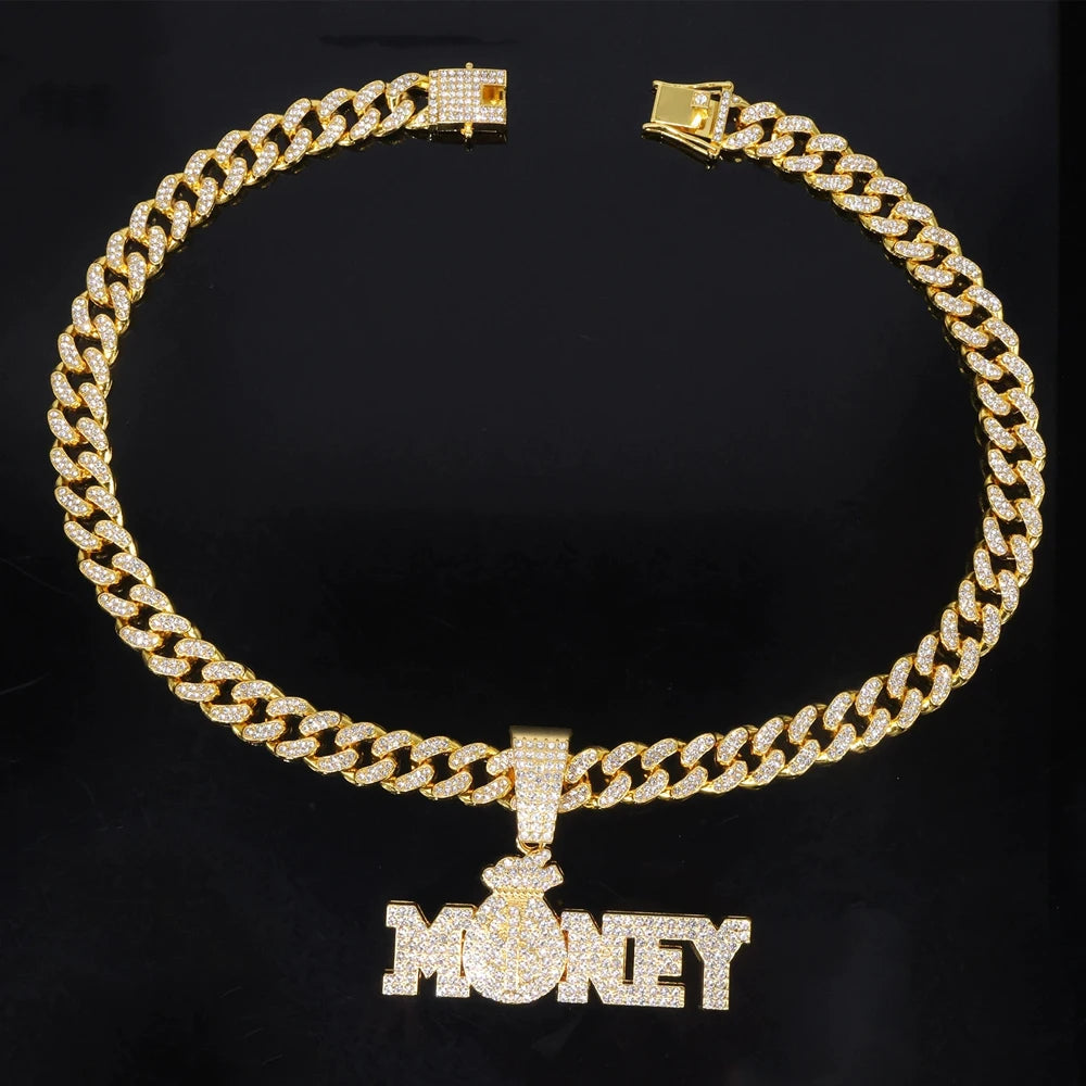 New Iced Out Bling Rhinestone Letters Money Pendant Necklaces,With Cuban Chain Money Bag Dollar Sign Men's Women Hip Hop Jewelry