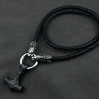 Men stainless steel Wolf head norse viking amulet thor hammer pendant necklace leather chain