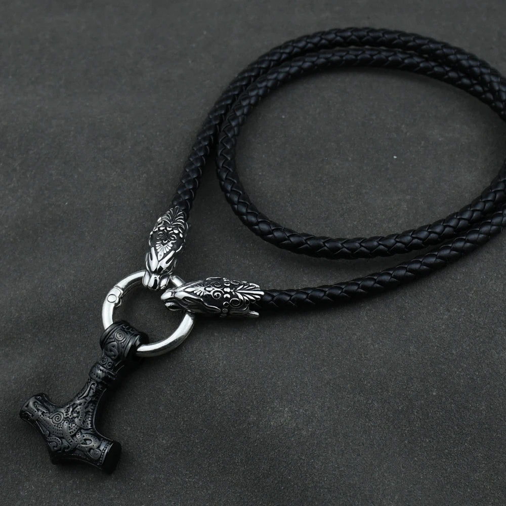 Men stainless steel Wolf head norse viking amulet thor hammer pendant necklace leather chain