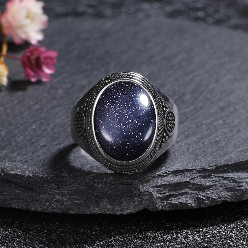 Silver Plated Rings Large Natural 10x14MM Black Agate Ring for Women Men Silver Party Jewelry Tiger Eye Turquoise Lapis