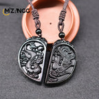 Natural Obsidian Dragon and Phoenix Pendant Personalized Couple Heart-shaped Pendant Men and Women Holiday Gift Necklace