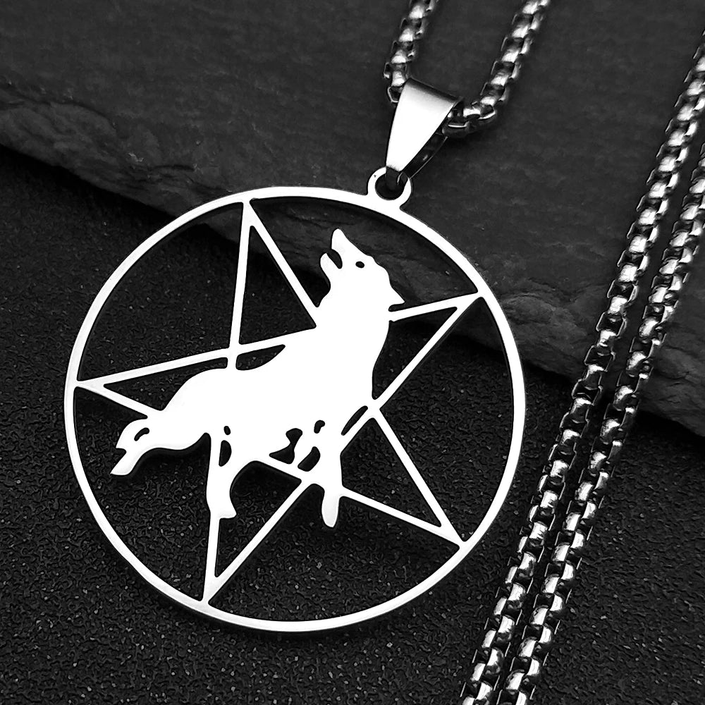 Wolf Pentagram Silver Chain Necklace — Stainless Steel