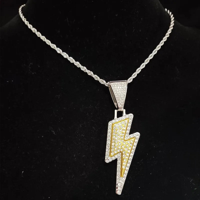 Men Women Hip Hop Lightning Pendant Necklace with 13mm Crystal Cuban Chain HipHop Iced Out Bling Necklaces Fashion Charm Jewelry