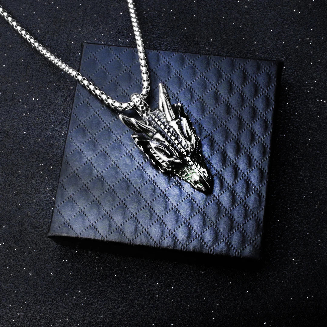 Silver Dragon Head Pendant Necklace Stainless Steel