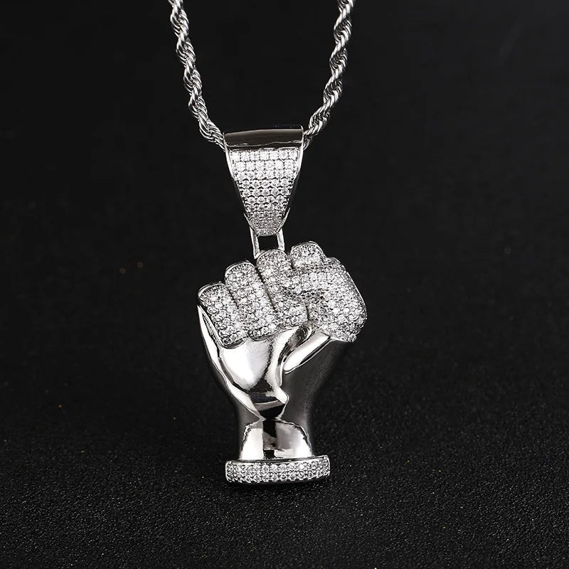 Iced Out Fist Pendant Necklace for Men, Micro Pave CZ Clenched Hand Charm, Hip Hop Rapper Jewelry, Twisted Rope Chain