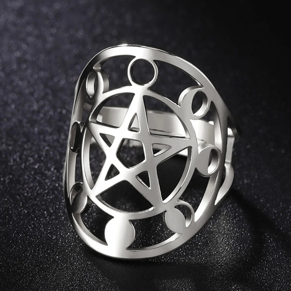 Dawapara Pentagram Adjustable Ring for Men Women Triquetra Cross Star OM Symbol Religious Gift Stainless Steel Jewelry