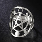 Dawapara Pentagram Adjustable Ring for Men Women Triquetra Cross Star OM Symbol Religious Gift Stainless Steel Jewelry