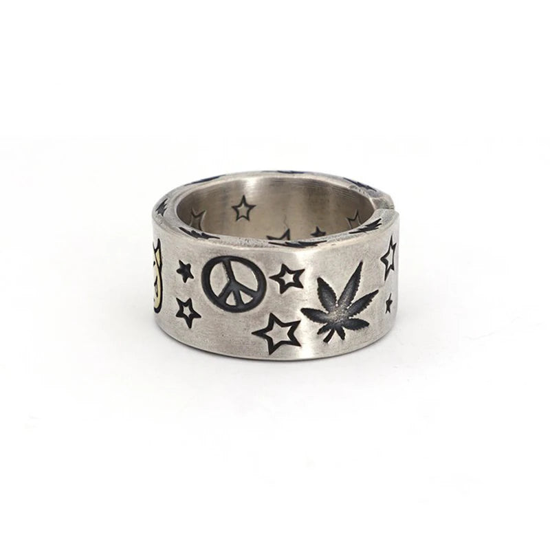 Rings for Men Women Retro Silver Color Jewelry Cute Smile Star Demon Pattern Ring Adjustable Trendy Gifts