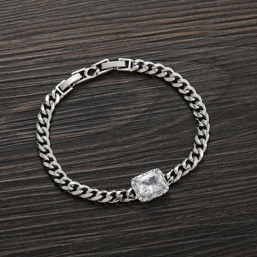 Iced Out Cuban Bracelet Stainless Steel Square Stone