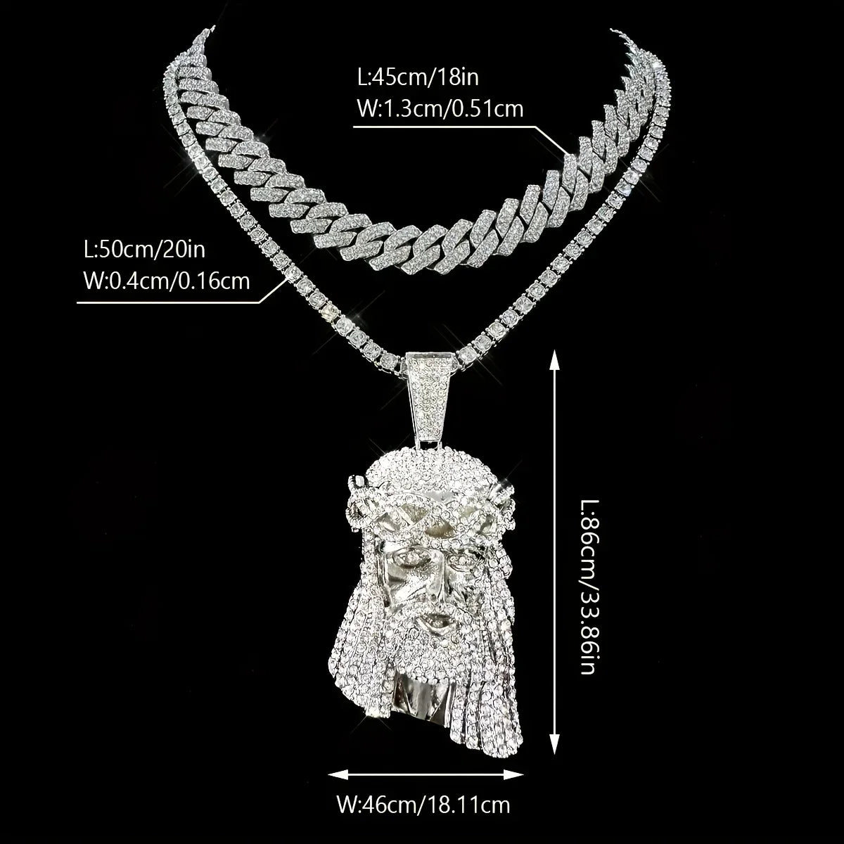 Stylish 3D Jesus Pendant Necklace - Hip Hop Inspired with Layered Cuban & Tennis Chains, Rhinestone Accents,Fashion