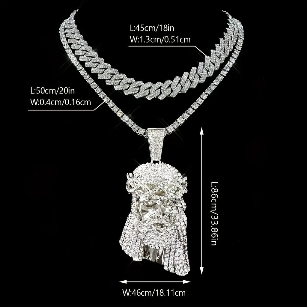 Stylish 3D Jesus Pendant Necklace - Hip Hop Inspired with Layered Cuban & Tennis Chains, Rhinestone Accents,Fashion Jewelry