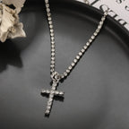 Personality Trend Silver Color Zircon Cross Pendant Necklace for Women Charm Shiny Crystal Chokers Jewelry Gift