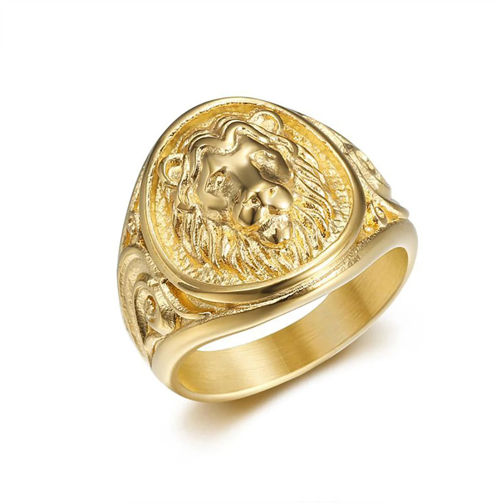 Hip Hop Gold Color Lion Head Ring Stainless Steel Big Large Animal Lion Finger Rings For Men Boys Punk Rapper Jewelry