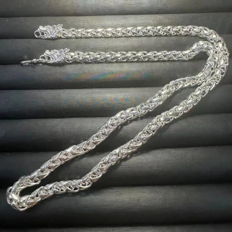 Double Dragon Head Silver Pendant Necklace