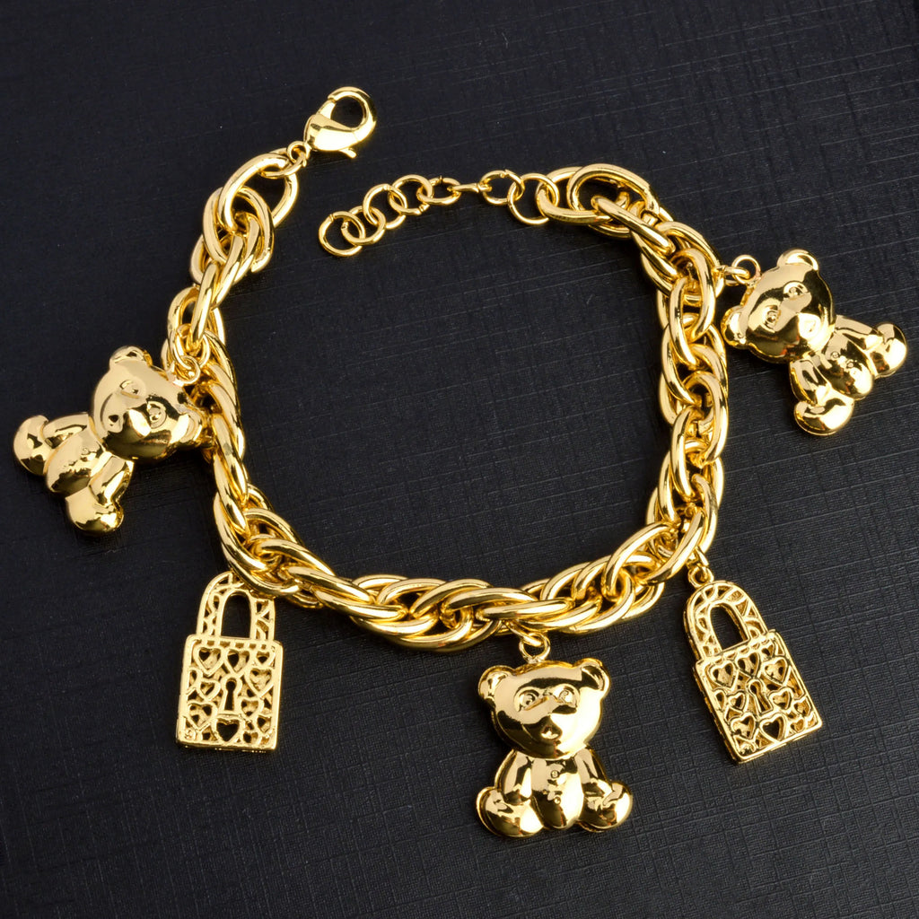Diana Baby Link Chain Copper Gold Color Bear and Lock Bracelets for Women Wholesale Retail Fashion Jewelry Party