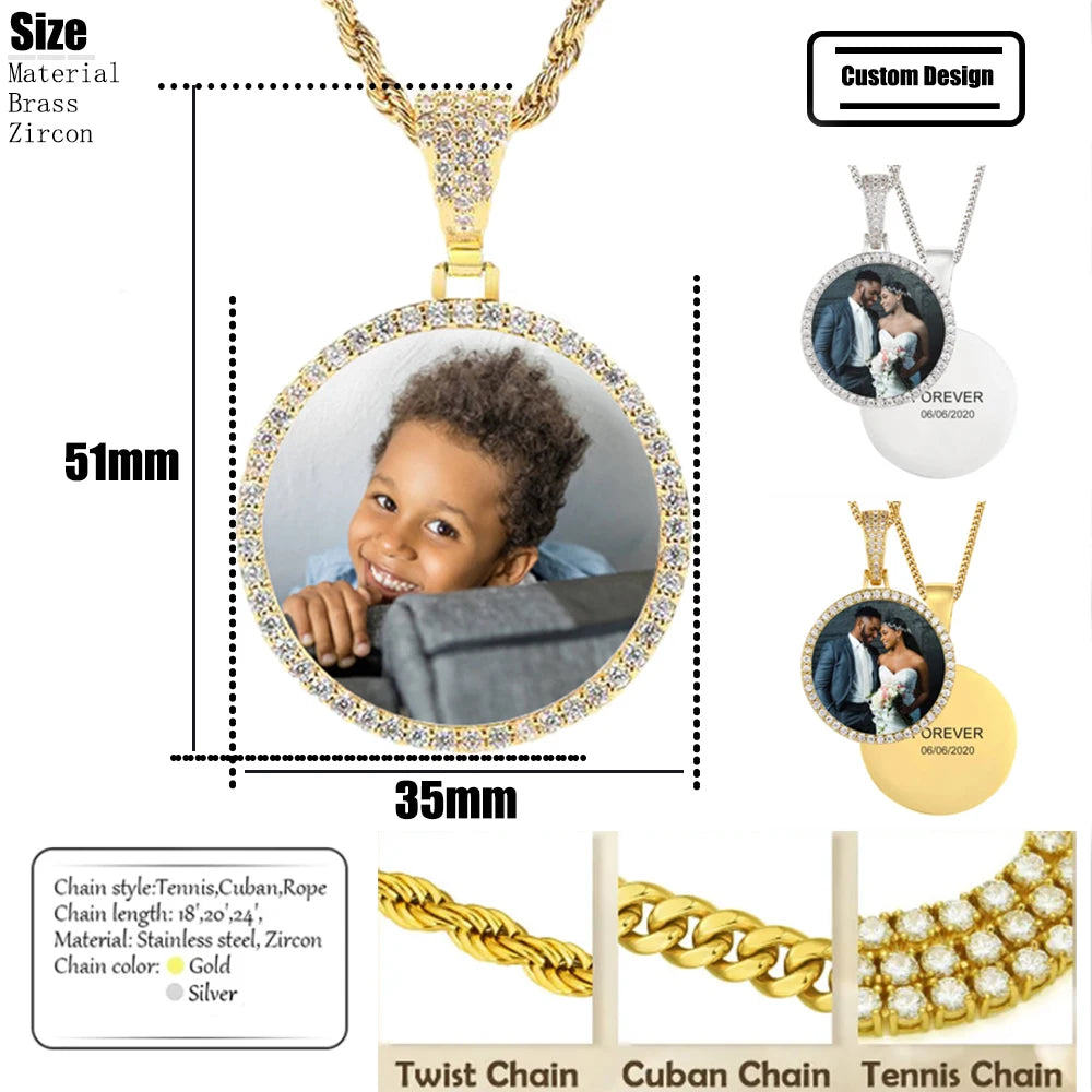 Iced Out Photo Pendant Necklace 35MM Circle