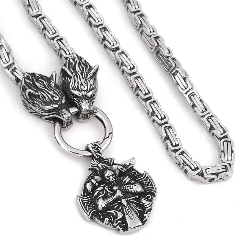 Wolf Head Snake Head Men's Stainless Steel Pendant King Chain Necklace, Nordic Viking Retro Scandinavian Amulet Jewelry