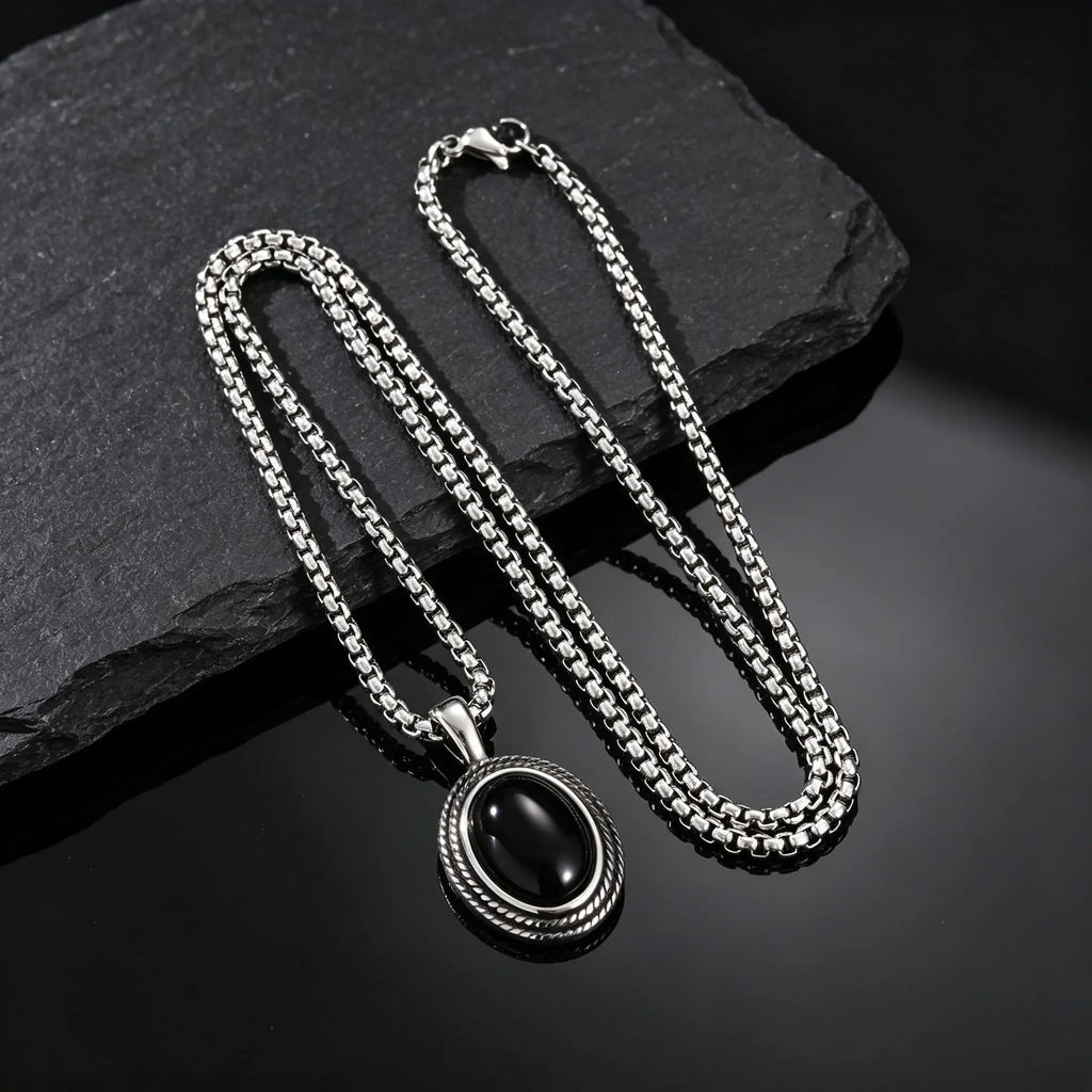 Stylish Black Natural Stone Pendant Necklace for Men,Vintage Stainless Steel Black Onyx Oval Pendant Neckalce Jewelry