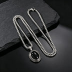 Stylish Black Natural Stone Pendant Necklace for Men,Vintage Stainless Steel Black Onyx Oval Pendant Neckalce Jewelry