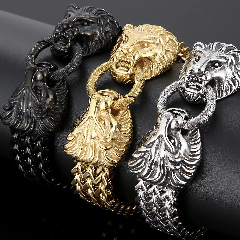 Massive Lion Skull Head Bracelet for Man Stainless Steel 18MM Wide Square Franco Chain Men's Bracelets Animal Wrist