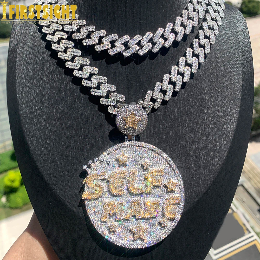 Iced Out Self Made Pendant Necklace Big Silver Color Cubic Zirconia CZ Heavy Chunky Letter Round Star Charm Hip Hop