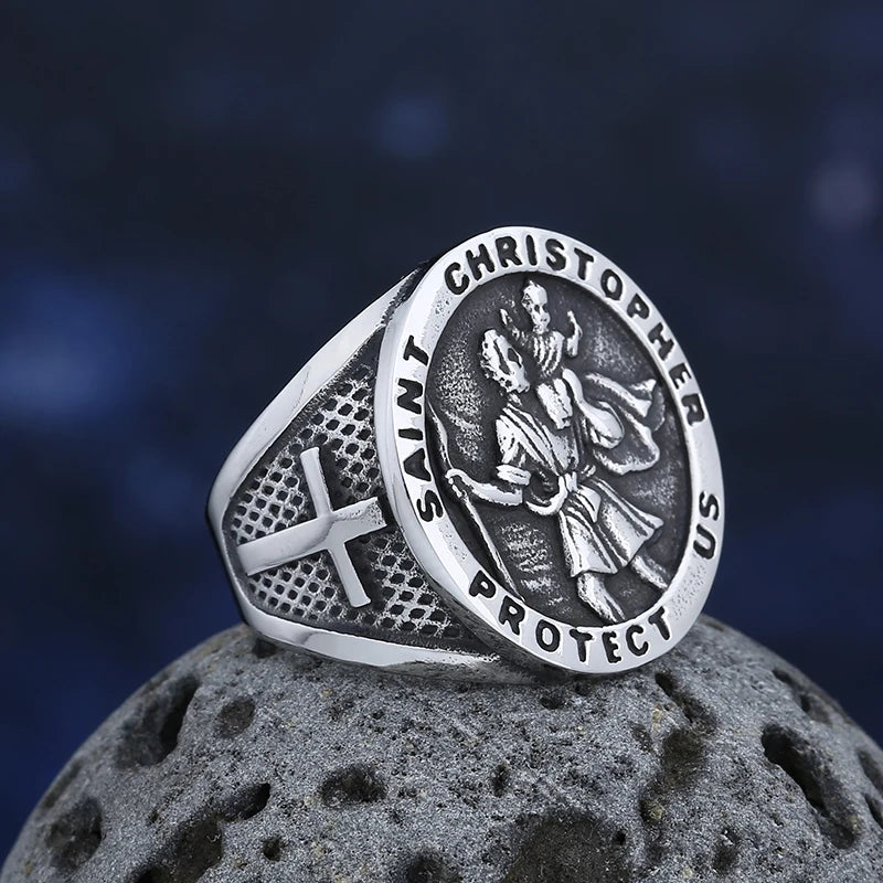 St. Christopher Polished Cross Ring — 316L Stainless Steel