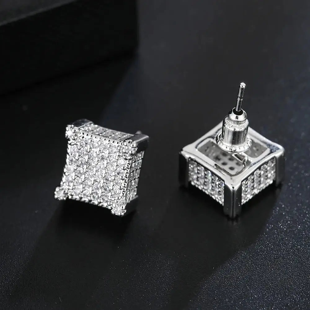 Iced Out Square Zirconia Stud Earrings for Men Women — Gold-Tone