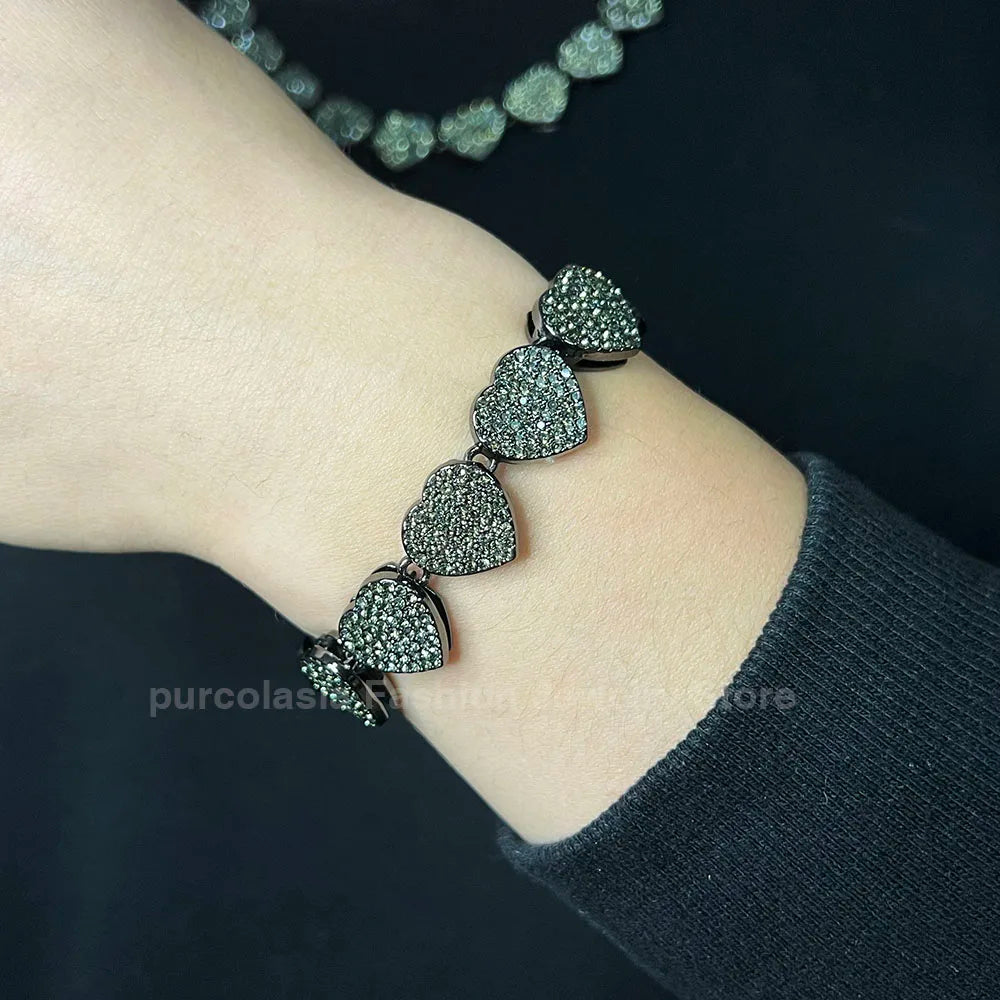14mm Black Grey Bracelet Hip Hop Men Women Cuban Chain Bling Iced Out Rhinestones Paved Miami Necklace Jewelry