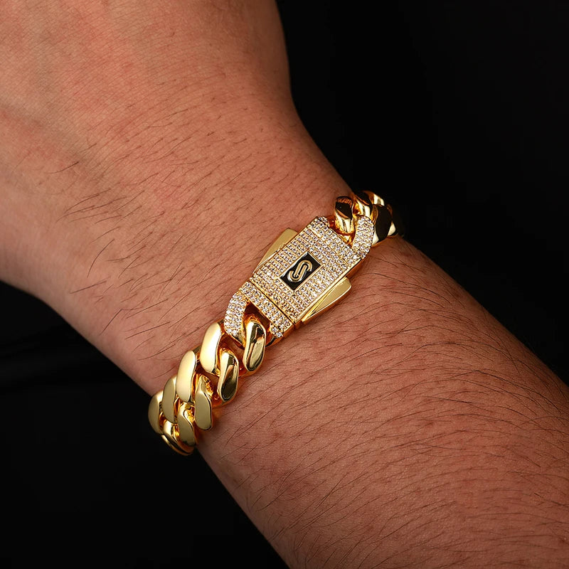 Iced Out Miami Cuban Link Bracelet for Men — Gold-Tone CZ, 20mm