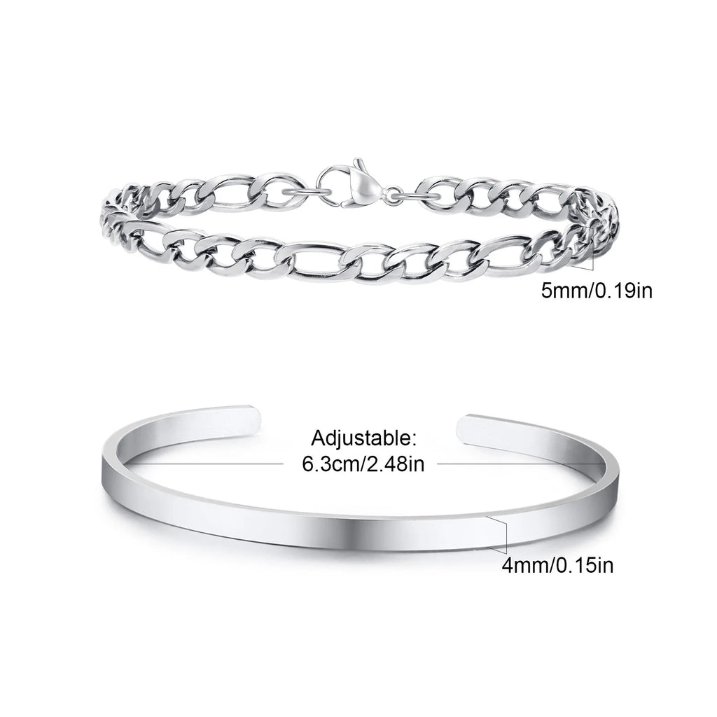 Men's 2pcs Set Simple Fashion Cuban Snake Link Chain Bracelet Stainless Steel Open Cuff Bangle Punk Hip Hop Jewelry Set