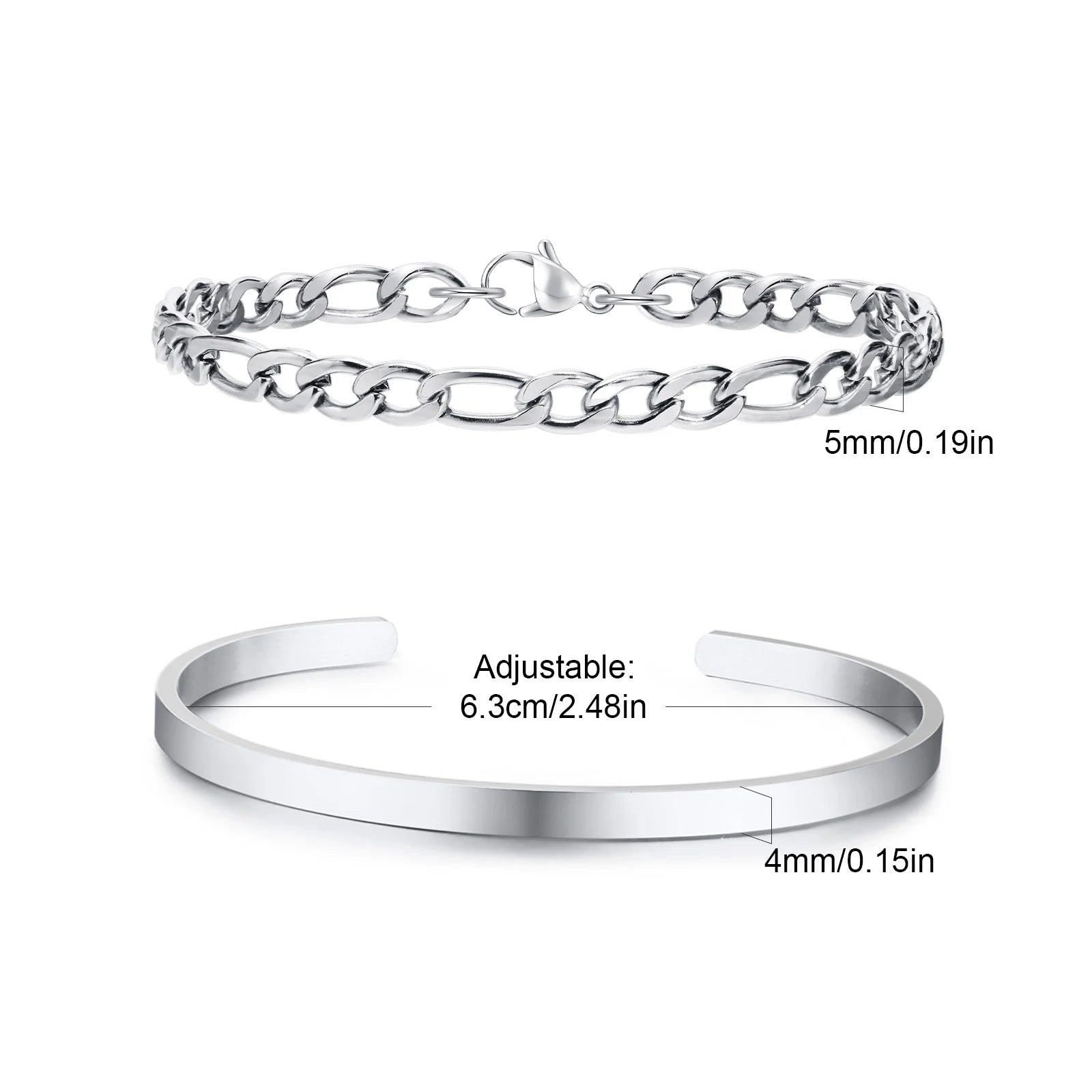 Men's 2pcs Set Simple Fashion Cuban Snake Link Chain Bracelet Stainless Steel Open Cuff Bangle Punk Hip Hop Jewelry Set