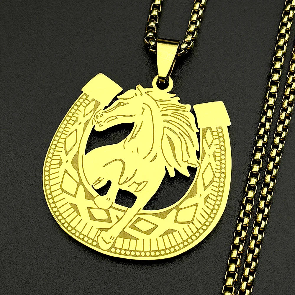 Horseshoes Horses U Shape Pendant Necklace For Women Men Stainless Steel Gold Color Animal Cowboy Male Daily Wear Chain Jewelry